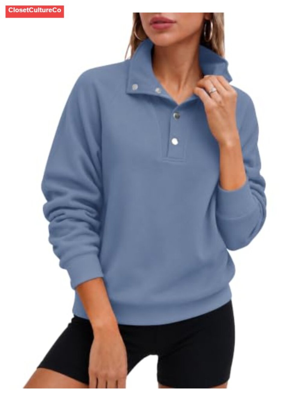 Mock Neck Henley Sweatshirt Snap Button Long Sleeve Relaxed Fit Pullover